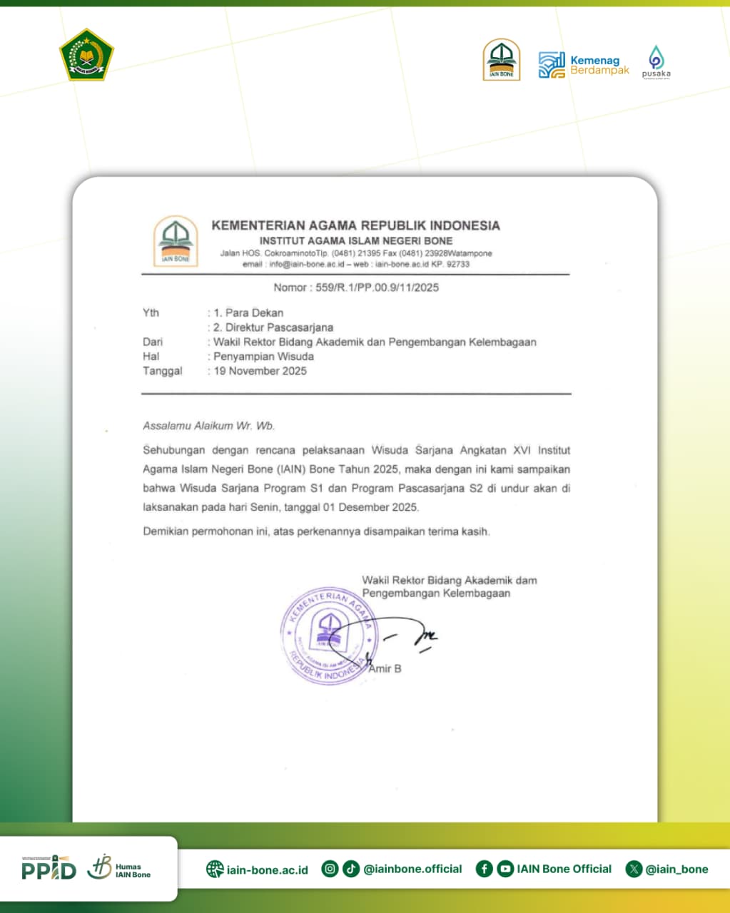 Pengumuman Perubahan Jadwal Pelaksanaan Wisuda